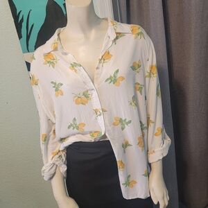 Boho Coquette Jane &‎ Delancey Long Sleeve Button Up Lemon Print Drop Back XL